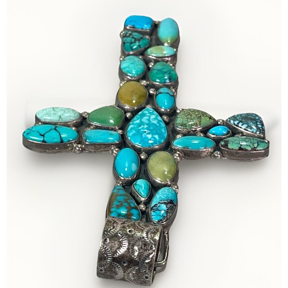 VTG Zuni Turquoise Cluster Sterling Silver Cross Pendant by B Bowekaty 73.4g - Picture 6 of 14